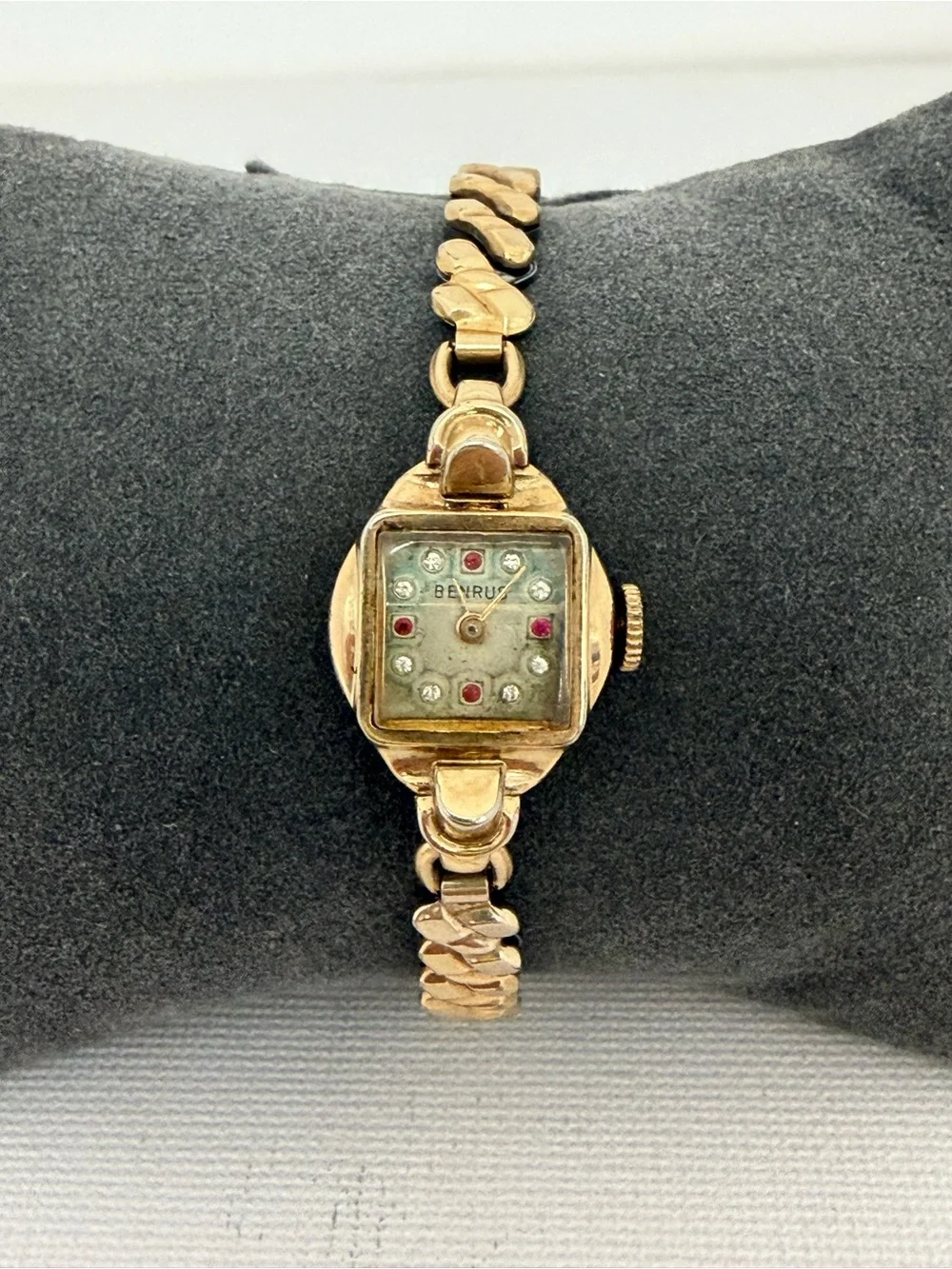 Vintage Benrus 10k RGP Bezel Synthetic Ruby & Single Cut Diamond Chips